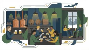 Современная иллюстрация для статьи о трендах чешских пивных баров Новосибирска в 2026 году.