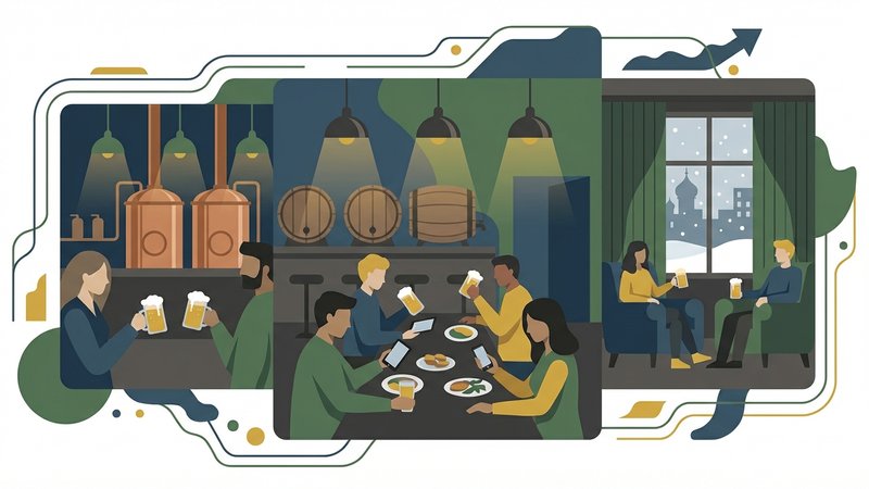 Современная иллюстрация для статьи о трендах чешских пивных баров Новосибирска в 2026 году.